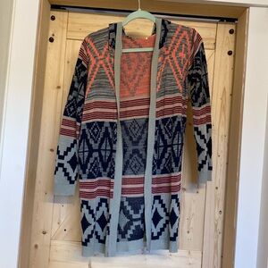 Blue, gray, & coral tribal sweater